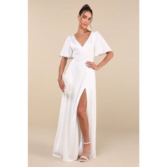 Lulus Elegant Confidence White Satin Flutter Sleeve Cutout Maxi Dress Size XL Ne - Picture 2 of 13
